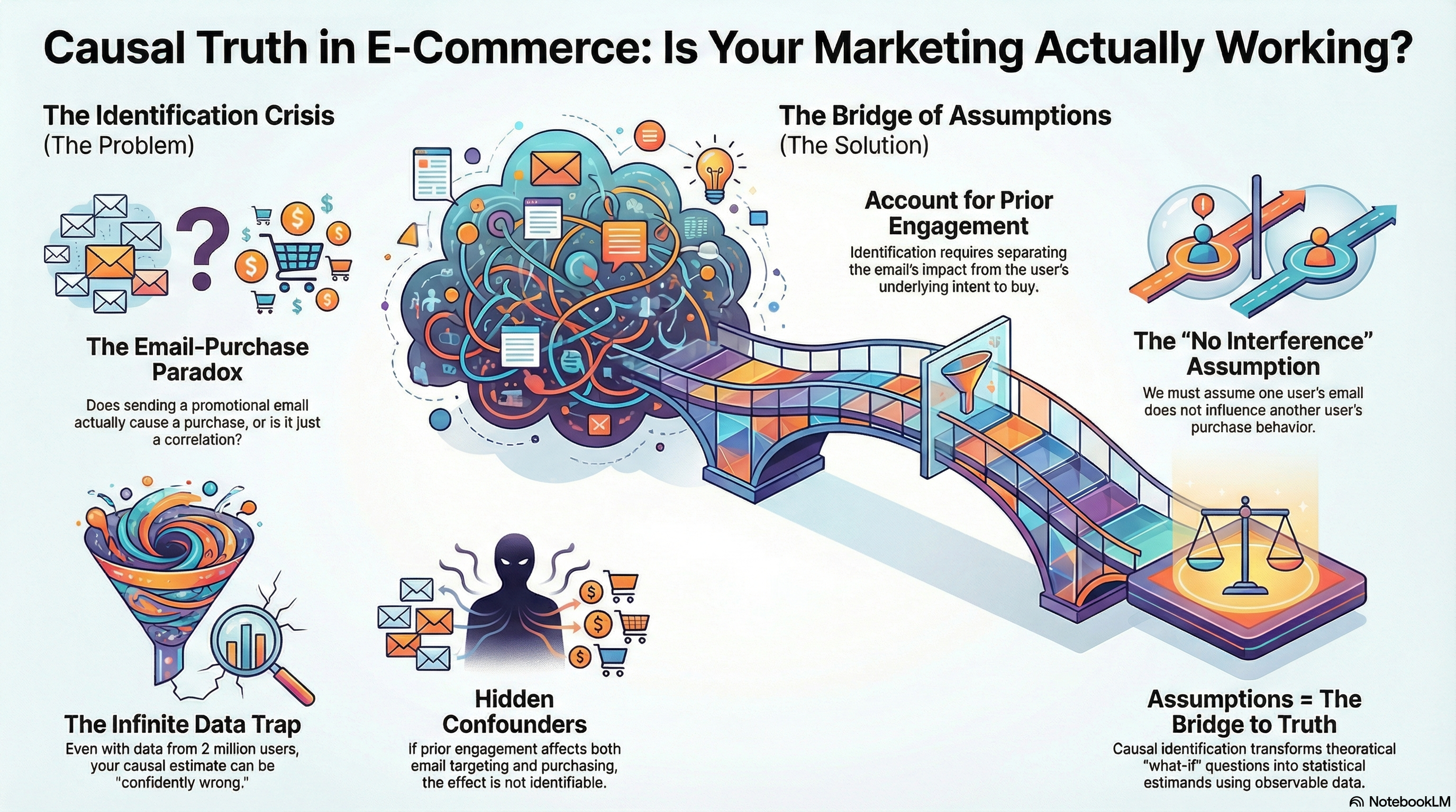 A diagram illustrating the identification failure in an e-commerce setting due to unobserved confounding and interference.